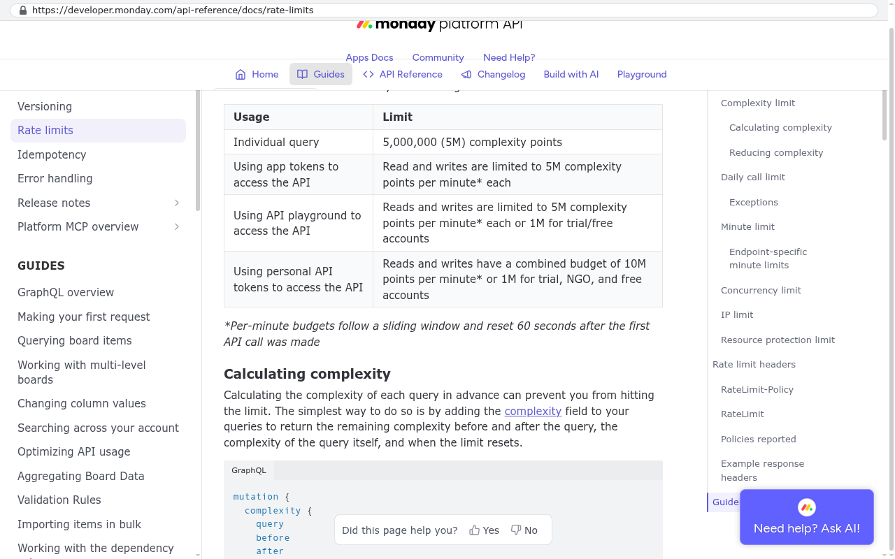 monday.com platform API developer documentation showing a table of usage limits including complexity points per minute for individual queries, app tokens, API playground, and personal API tokens