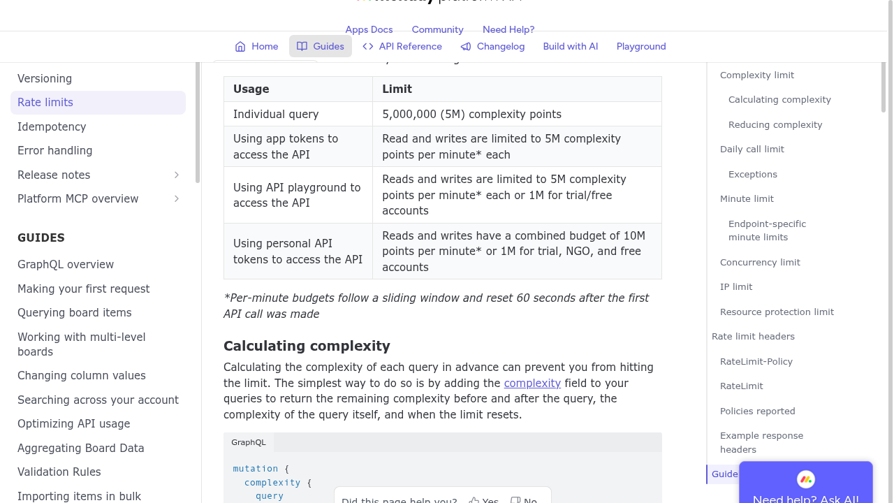 monday.com platform API developer documentation showing a table of usage limits including complexity points per minute for individual queries, app tokens, API playground, and personal API tokens