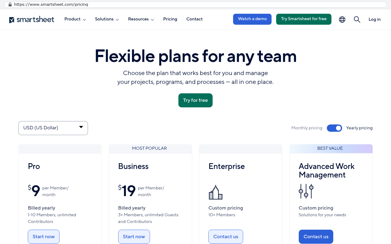 Smartsheet pricing page showing Pro plan limited to one to ten members at nine dollars per member monthly and Business plan starting at nineteen dollars per member monthly with three or more members and unlimited guests