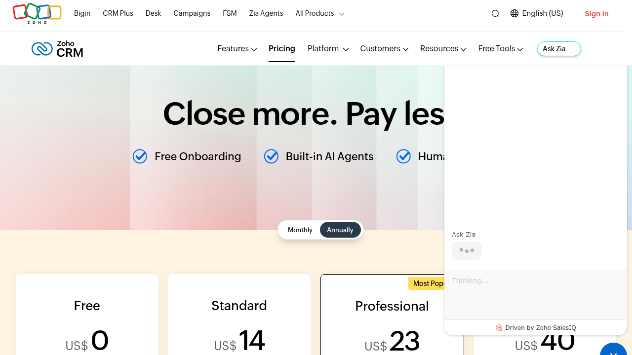 Zoho CRM pricing page showing Standard plan priced at US dollar 14 per user per month alongside Free and Professional tiers