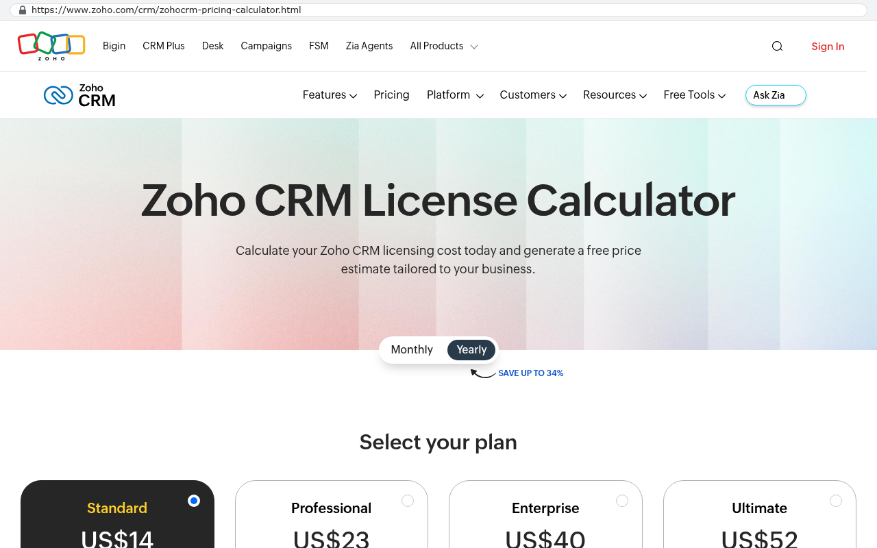 Zoho CRM License Calculator page displaying four pricing tiers including Enterprise plan priced at US$40 with yearly billing option selected