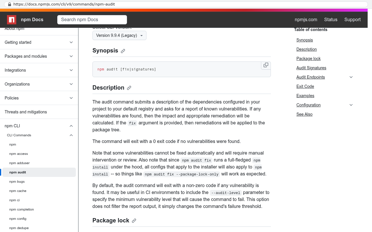 npm Docs page for npm audit command showing the command syntax and description of how it scans dependencies for vulnerabilities and reports them with severity levels