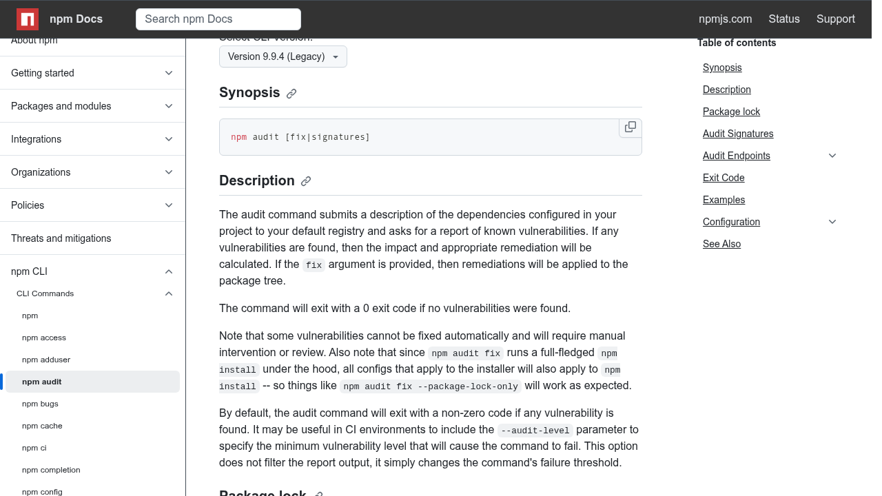 npm Docs page for npm audit command showing the command syntax and description of how it scans dependencies for vulnerabilities and reports them with severity levels