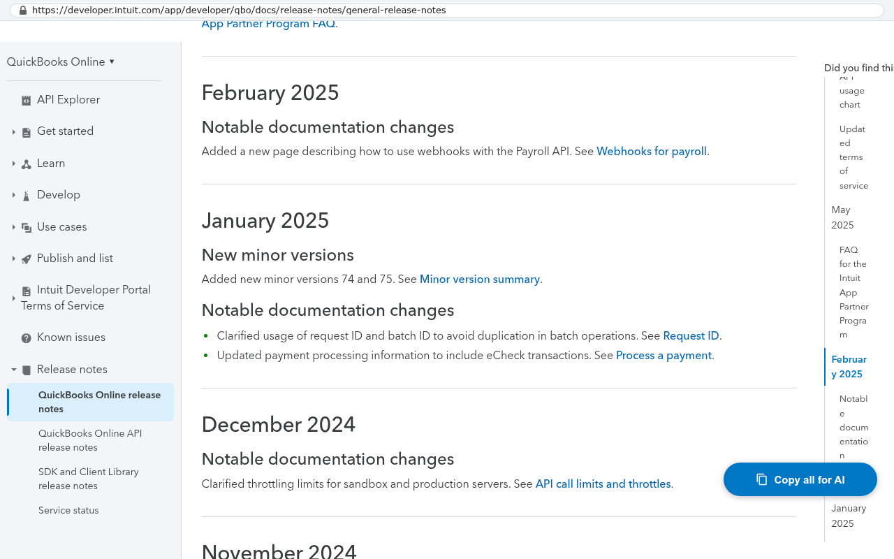 Intuit QuickBooks Online API release notes page showing dated version changes from February 2025 down through November 2024 with notable documentation updates and new minor versions that developers must monitor