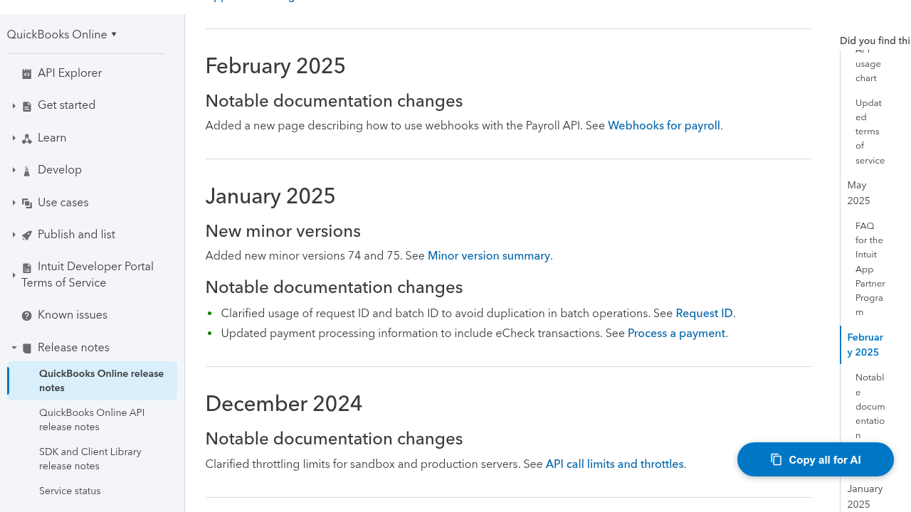 Intuit QuickBooks Online API release notes page showing dated version changes from February 2025 down through November 2024 with notable documentation updates and new minor versions that developers must monitor