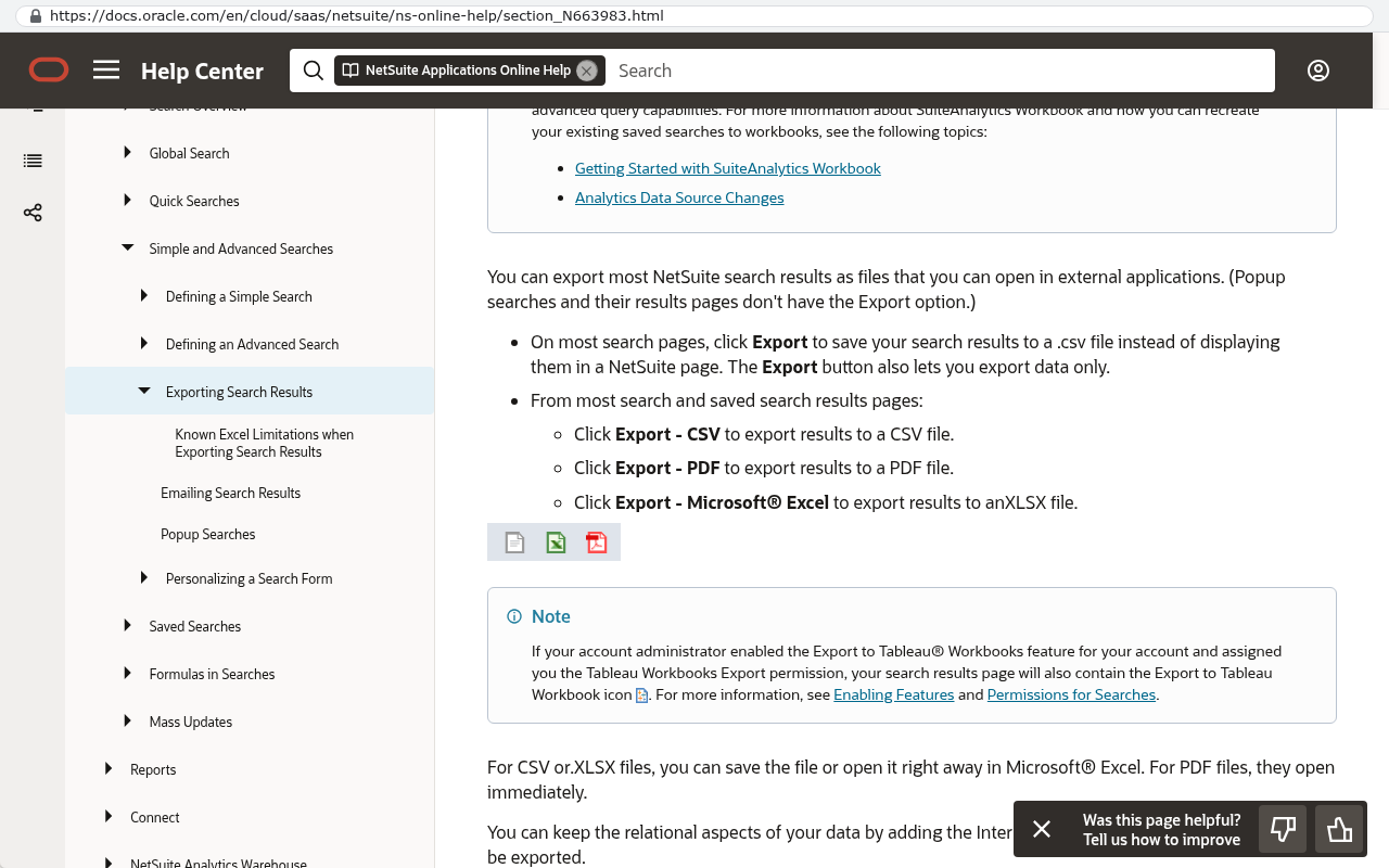 Oracle NetSuite Help Center page on exporting search results showing the three export icon options for CSV, PDF, and Microsoft Excel formats with explanatory text for each export type