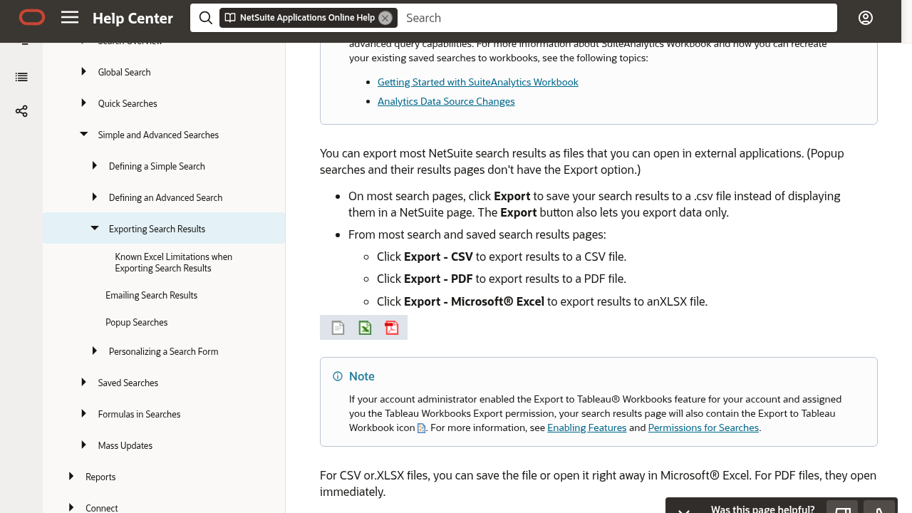 Oracle NetSuite Help Center page on exporting search results showing the three export icon options for CSV, PDF, and Microsoft Excel formats with explanatory text for each export type