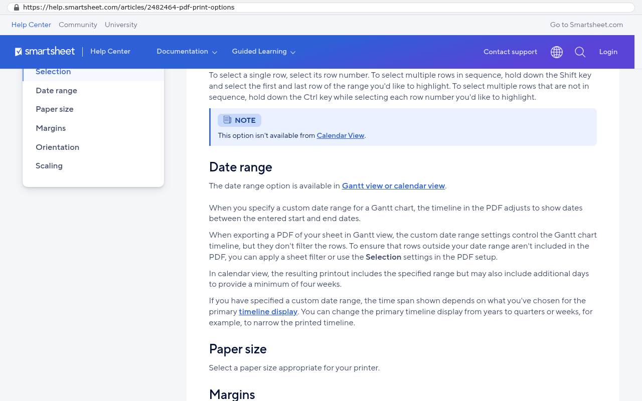 Smartsheet Help Center article about PDF print options displaying sections for Selection Paper size Margins Orientation Scaling and Date range with explanatory text about Gantt view and custom date ranges