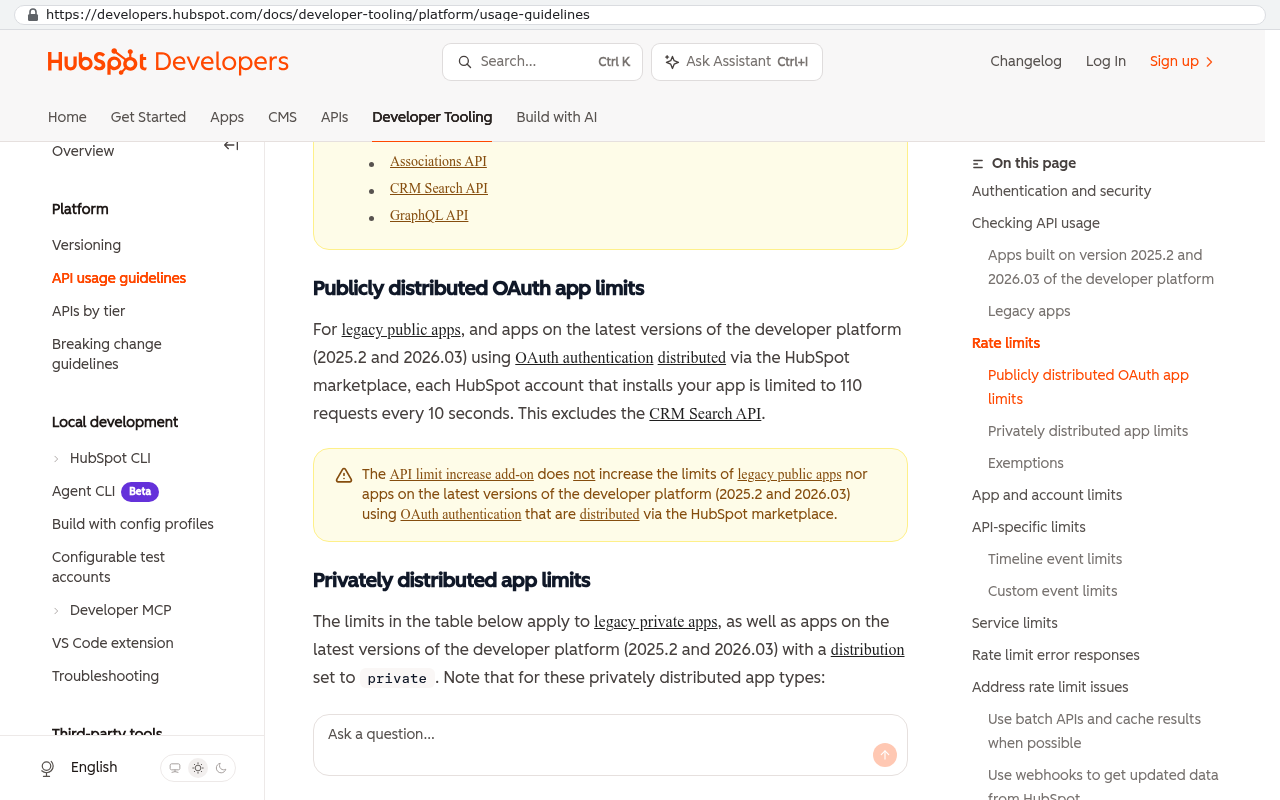 HubSpot Developers API usage guidelines page displaying rate limits section with text about OAuth app request limits per 10 seconds