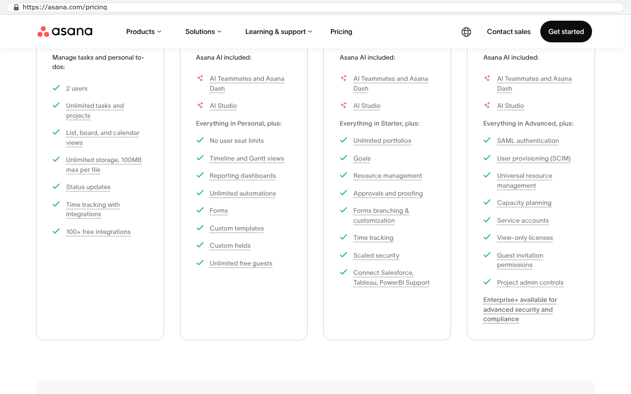 Asana pricing page showing plan tiers with feature comparisons where advanced features like approvals, resource management, and capacity planning appear only in Advanced and Enterprise plans