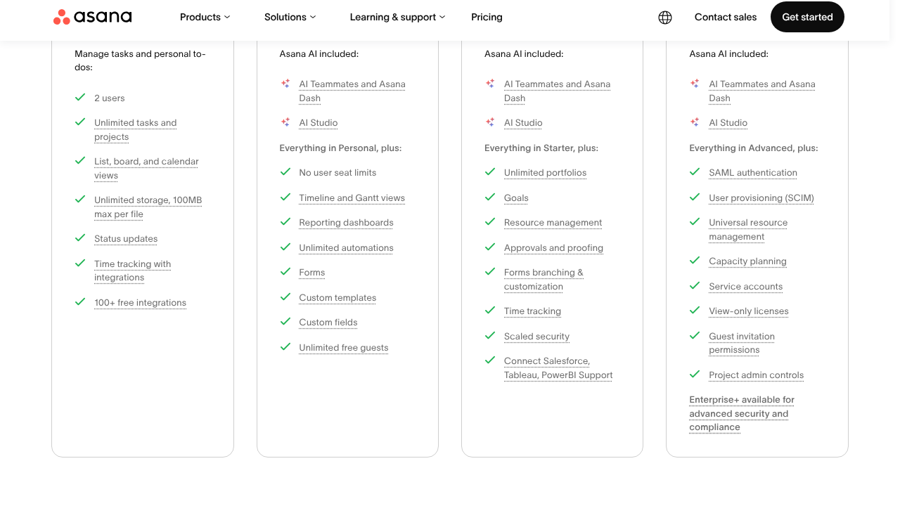 Asana pricing page showing plan tiers with feature comparisons where advanced features like approvals, resource management, and capacity planning appear only in Advanced and Enterprise plans