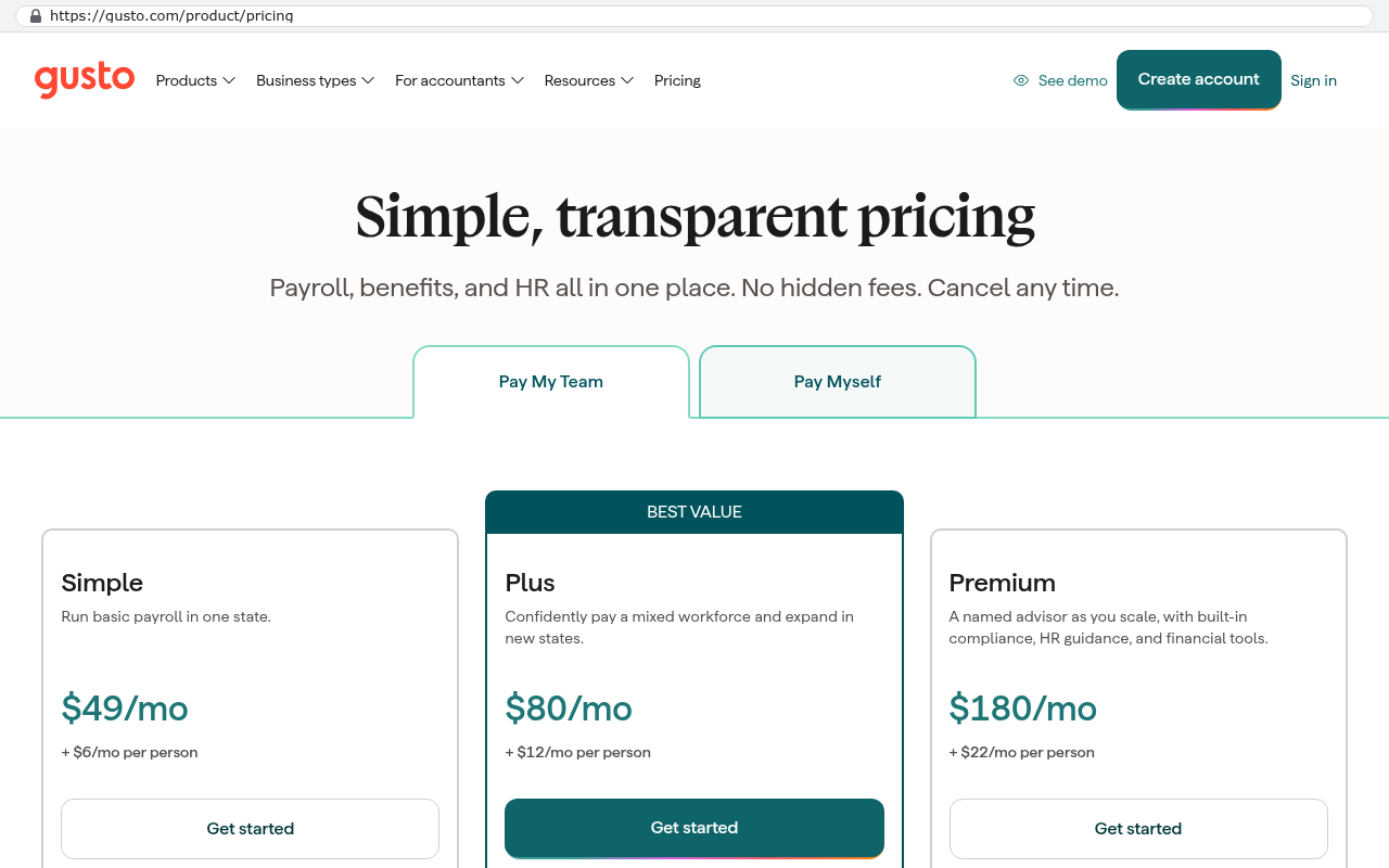 Gusto pricing page showing Simple plan at $49 per month plus $6 per person, Plus plan at $80 per month plus $12 per person marked as best value, and Premium plan at $180 per month plus $22 per person