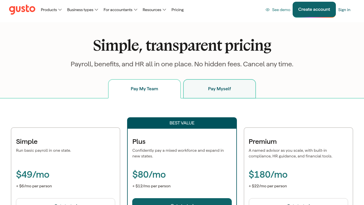 Gusto pricing page showing Simple plan at $49 per month plus $6 per person, Plus plan at $80 per month plus $12 per person marked as best value, and Premium plan at $180 per month plus $22 per person
