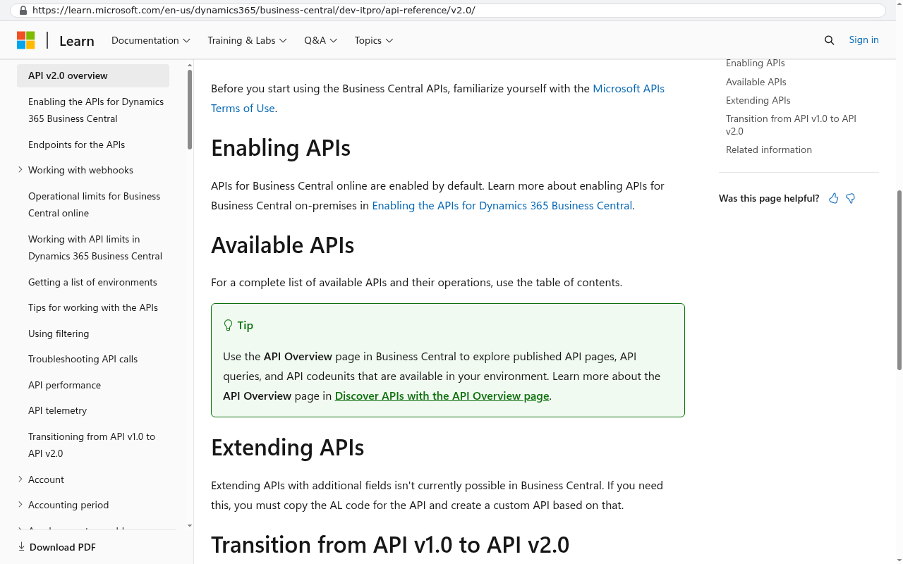Microsoft Learn documentation page for Dynamics 365 Business Central API v2.0 reference showing navigation menu on left with API topics and main content area displaying API reference documentation sections