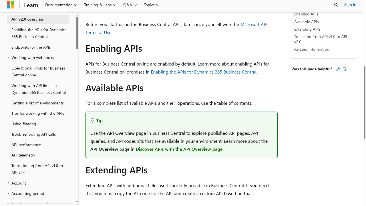 Microsoft Learn documentation page for Dynamics 365 Business Central API v2.0 reference showing navigation menu on left with API topics and main content area displaying API reference documentation sections