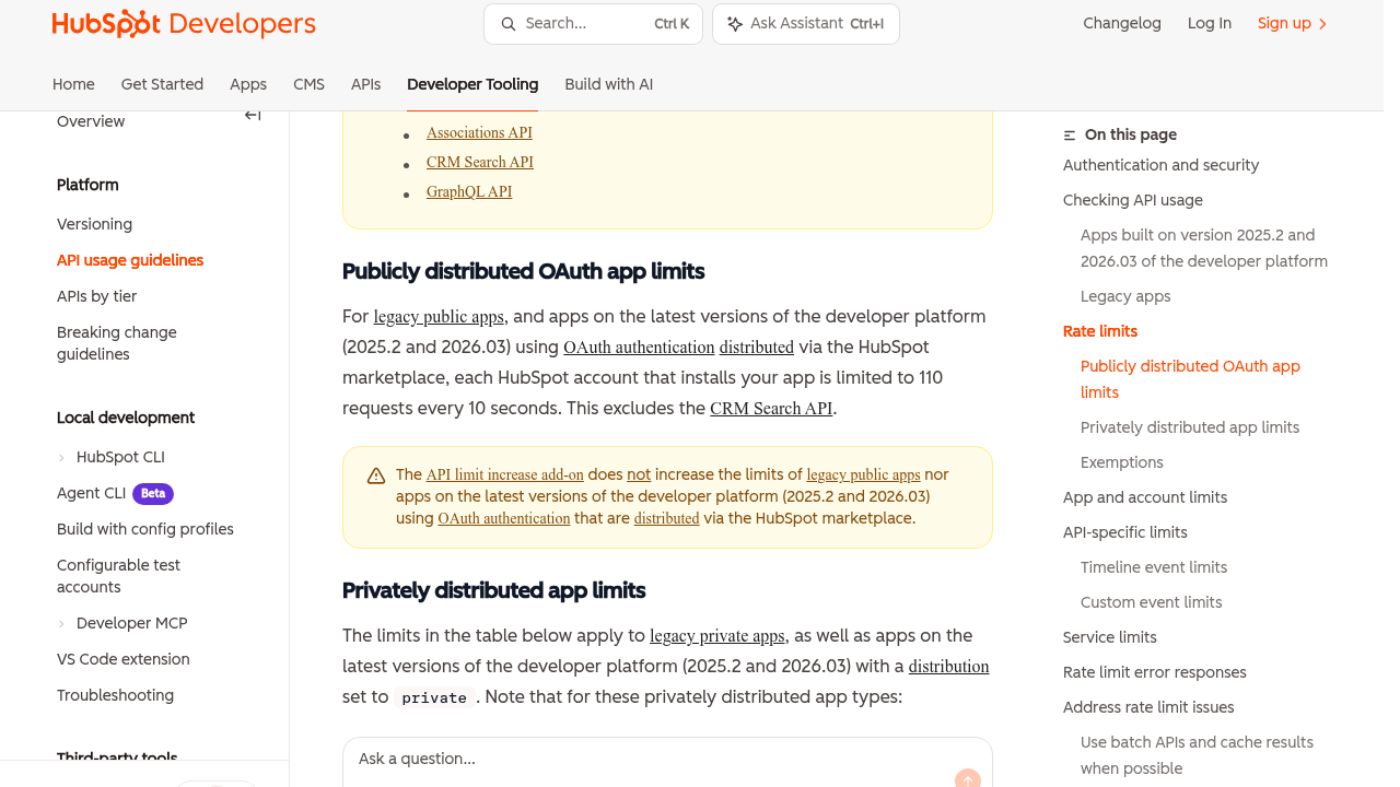 HubSpot Developers usage guidelines page displaying API rate limits including 110 requests per 10 seconds for OAuth apps and a table of privately distributed app limits