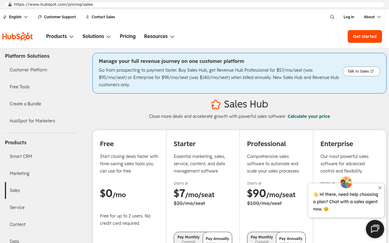 HubSpot Sales Hub pricing page showing Professional tier starting at $100 per month per seat with annual billing and $120 per month per seat monthly billing