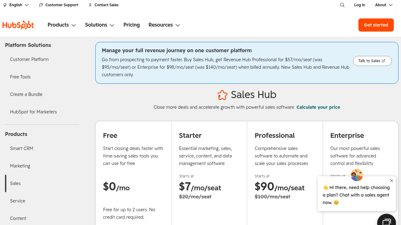 HubSpot Sales Hub pricing page showing Professional tier starting at $100 per month per seat with annual billing and $120 per month per seat monthly billing