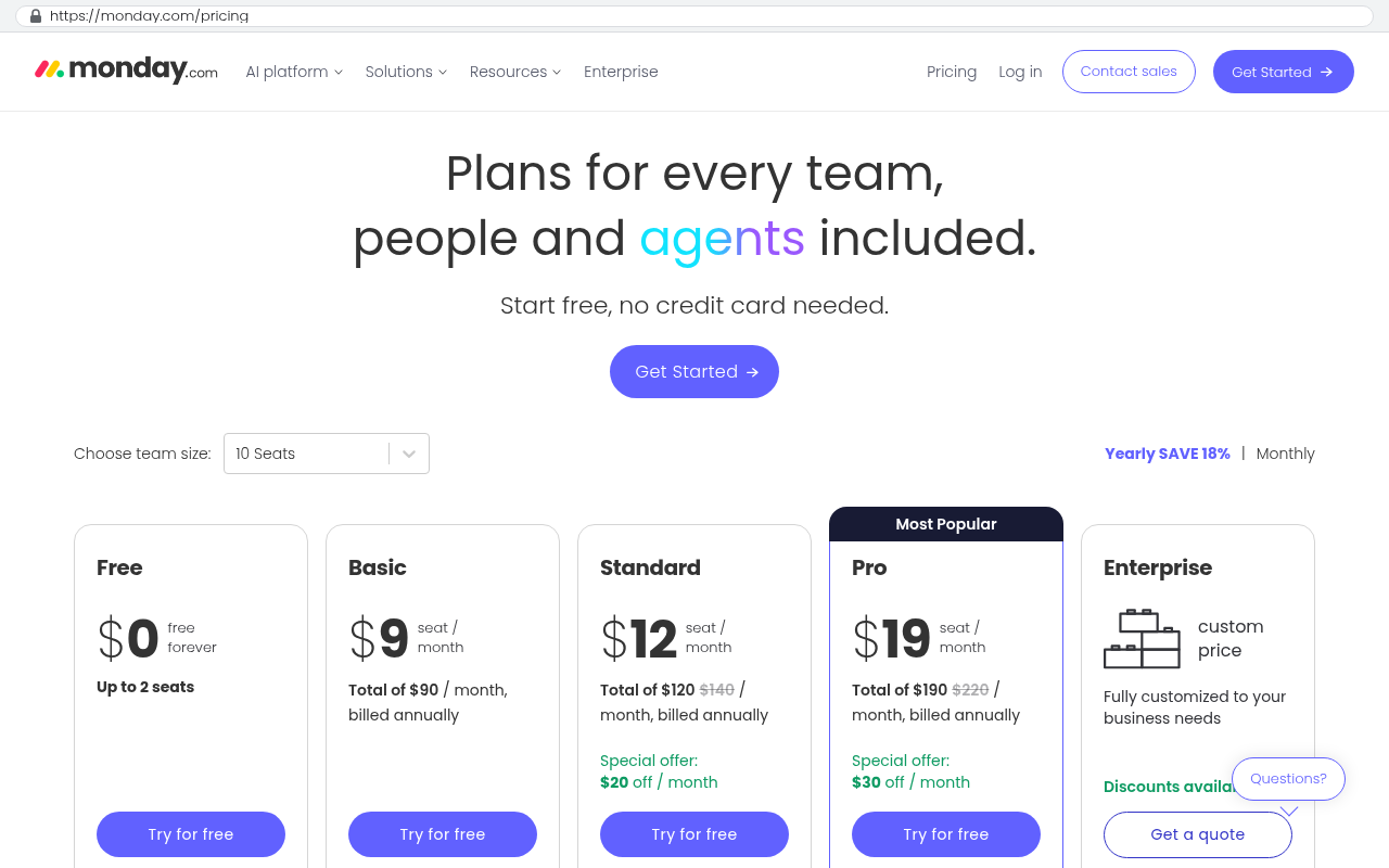 monday.com pricing page showing five pricing tiers with per-seat monthly pricing for Free at 0 dollars Basic at 9 dollars Standard at 12 dollars Pro at 19 dollars and Enterprise at custom price
