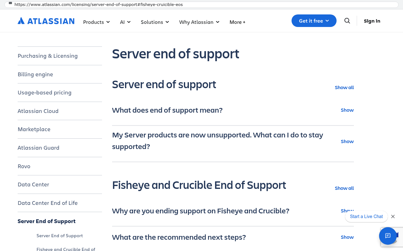 Atlassian licensing page displaying Server end of support announcement including Fisheye and Crucible End of Support section with migration guidance