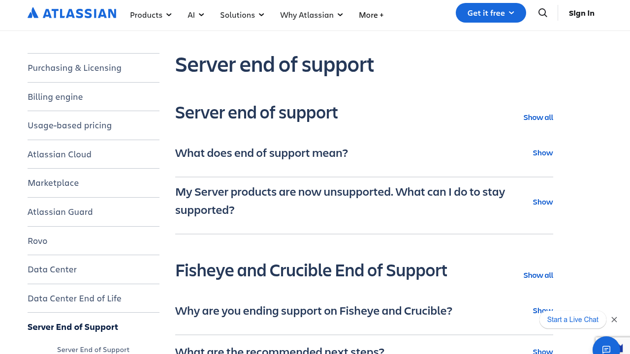 Atlassian licensing page displaying Server end of support announcement including Fisheye and Crucible End of Support section with migration guidance