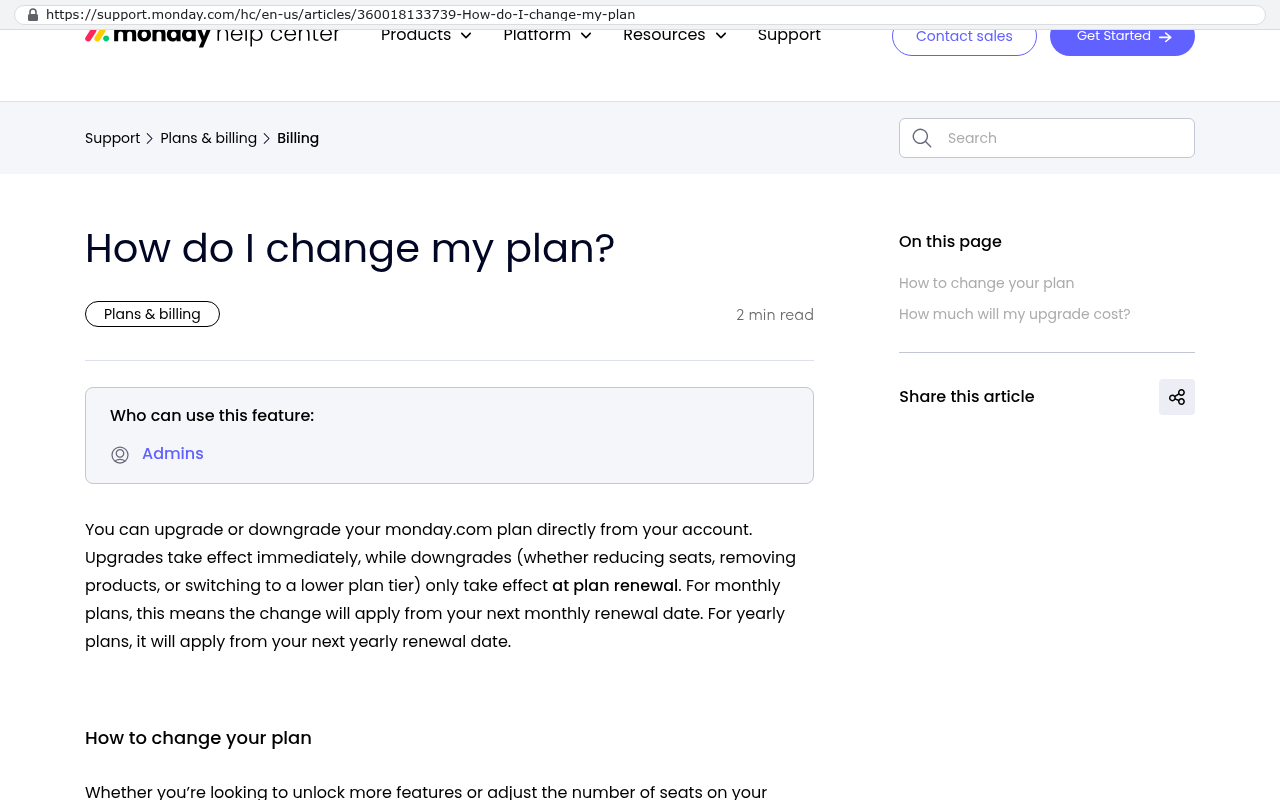 Monday help center page titled How do I change my plan showing that you can upgrade or downgrade your Monday.com plan directly from your account with upgrades taking effect immediately and downgrades taking effect at plan renewal