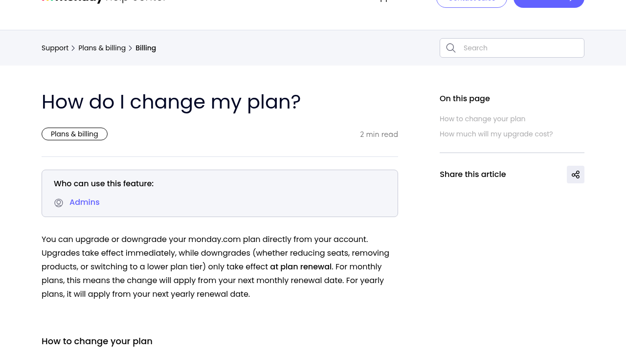 Monday help center page titled How do I change my plan showing that you can upgrade or downgrade your Monday.com plan directly from your account with upgrades taking effect immediately and downgrades taking effect at plan renewal