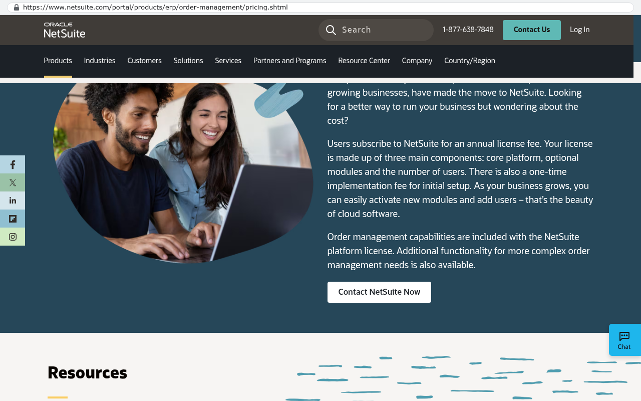 NetSuite order management pricing page showing the Oracle NetSuite logo and explaining that licensing has three components: core platform, optional modules, and number of users