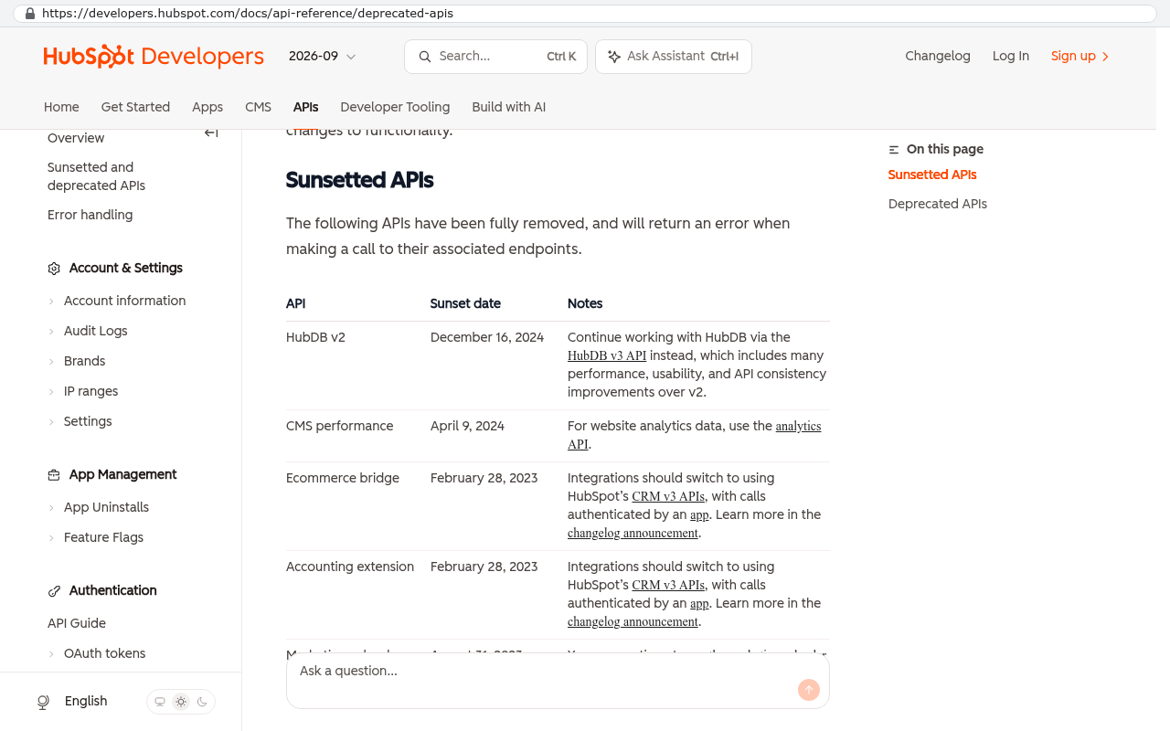 HubSpot Developers deprecated APIs page displaying sunsetted APIs table with API names sunset dates and notes including HubDB v2 retiring on December 16 2024