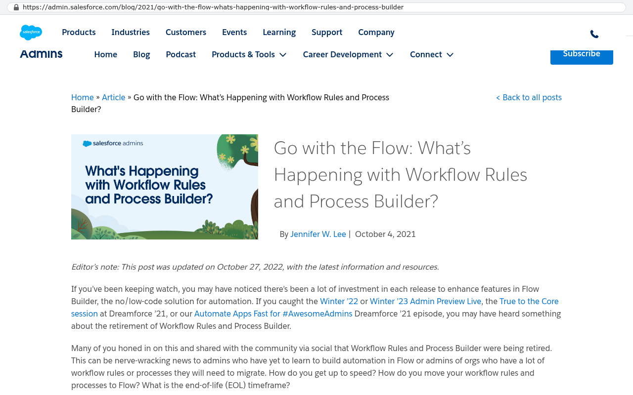 Salesforce Admins blog titled Go with the Flow showing article text about Workflow Rules and Process Builder retirement with migration requirements to Flow